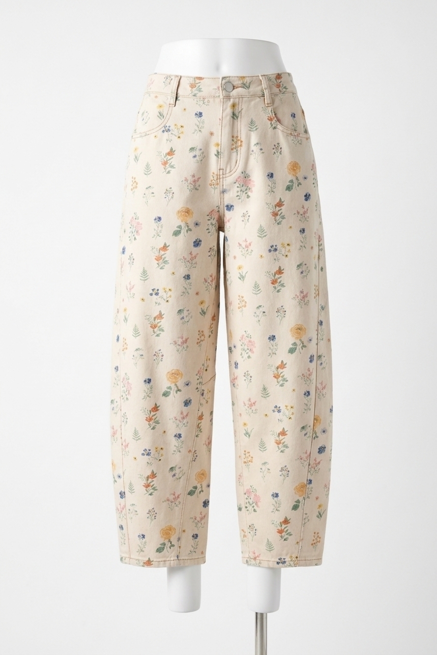 NEW EASEL avery floral twill barrel pants in khaki